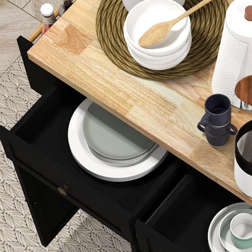HOMCOM Kitchen Island on Wheels with Rubberwood Top, Navy Blue X7812