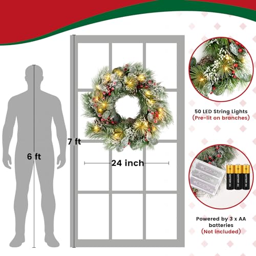 DomeStar 24 Inch Christmas Wreath with Lights, Outdoor Waterproof with Pine Cones C51545