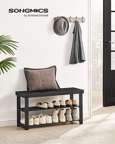 SONGMICS 3-Tier Bamboo Shoe Rack Bench, Entryway Storage, Ink Black X802