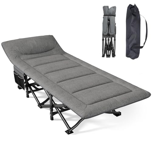 Camping Cot, Folding Cot Bed for Adults with Built-in Mattress and Pillow, Portable Outdoor Sleeping Cot for Camping and Travel, with Carry Bag, Grey, Max Load 450 LBS