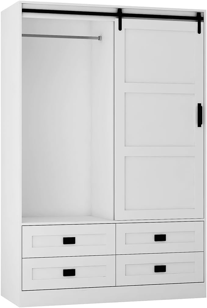 Solid Wood Armoire Wardrobe Closet, Large Wardrobe Cabinet with Sliding Barn Door, 4 Drawers, 3 Adjustable Shelves & Hanging Rod, Freestanding Wooden Closet for Bedroom, 47.3"W x 70.9" H x 20.5"D
