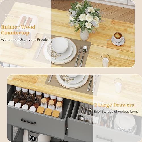 47.3" Solid Rubberwood Kitchen Island with Power Outlets, Grey E752