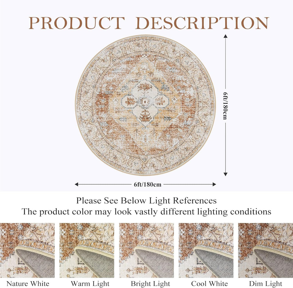 Lahome Boho Circle Rug 6Ft Washable Non-Slip Round Area Rug C716