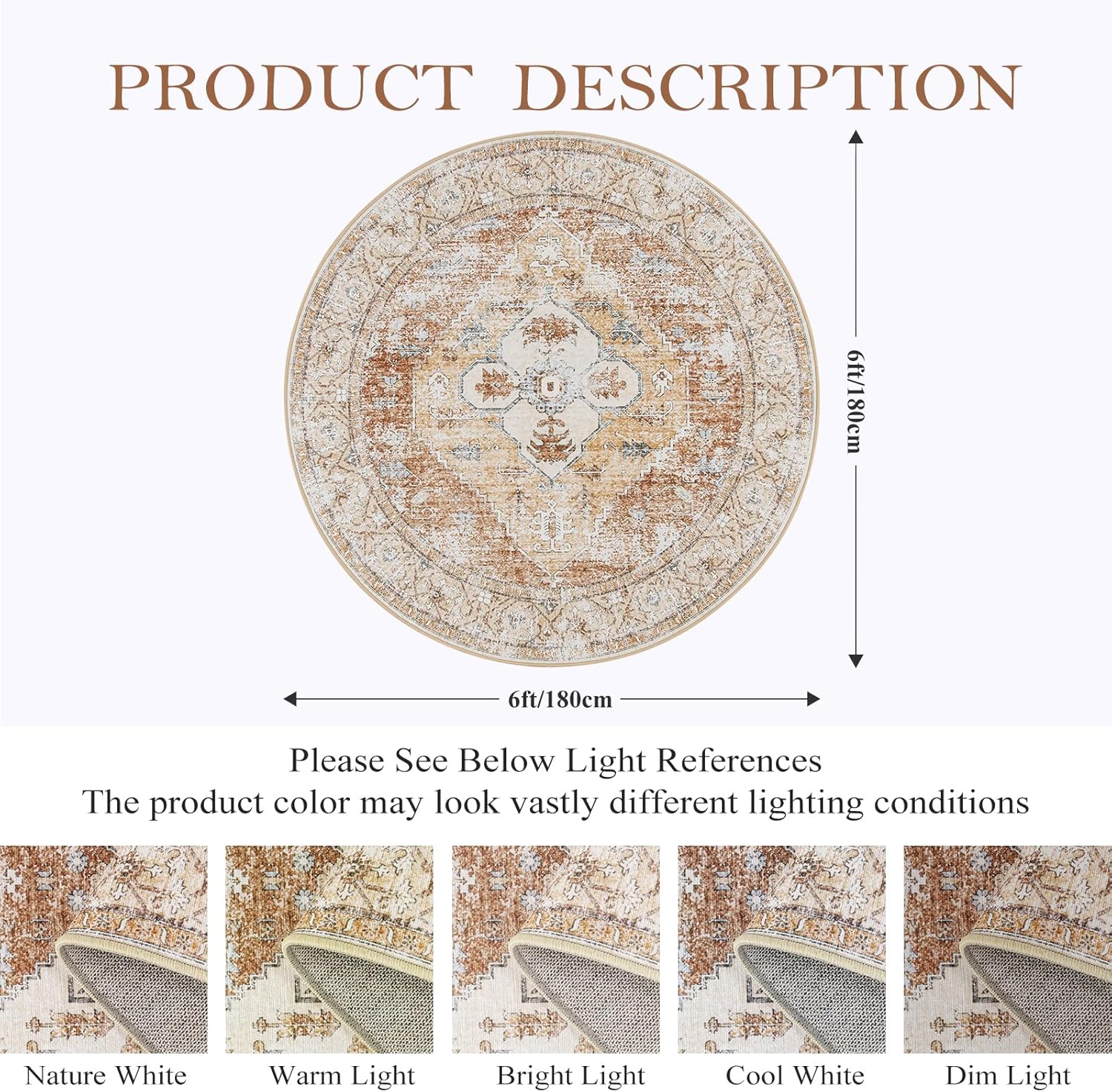 Lahome Boho Circle Rug 6Ft Washable Non-Slip Round Area Rug C716