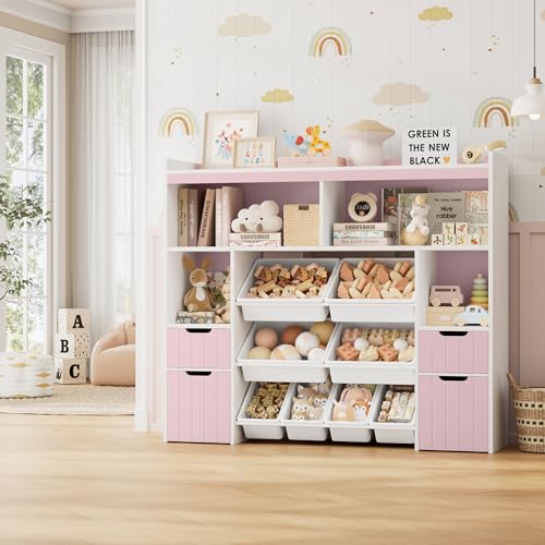 HORSTORS 55" W Toy Storage Organizer with Drawers and Removable Bins, Pink I970901