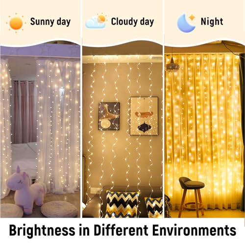 ZSJWL 2 Pack Curtain Lights, 300 LED Warm White with Remote, 9.8 × 9.8 Ft for Bedroom Window G2485