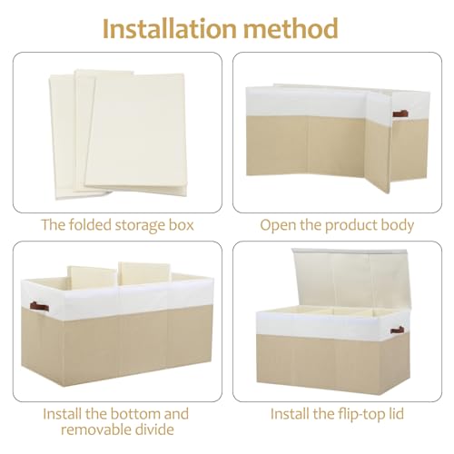 Large Toy Storage Box with Lid and Dividers for Kids, Beige and White X95078