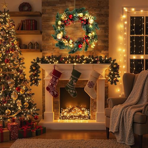 DomeStar 24 Inch Christmas Wreath with Lights, Outdoor Waterproof with Pine Cones C51545