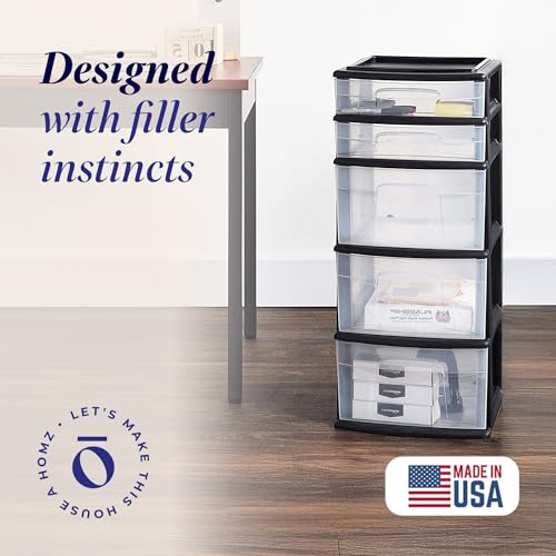 HOMZ Drawer Tower 5-Tier Clear Plastic Storage Organizer Black Frame V824