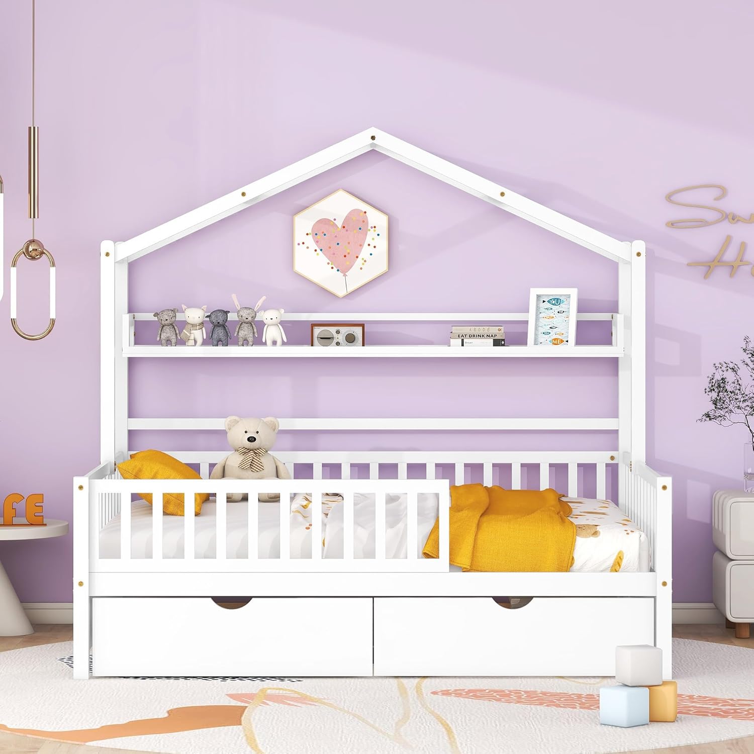 Wooden Full Size House Bed Frame with 2 Drawers and Storage Shelf T40310