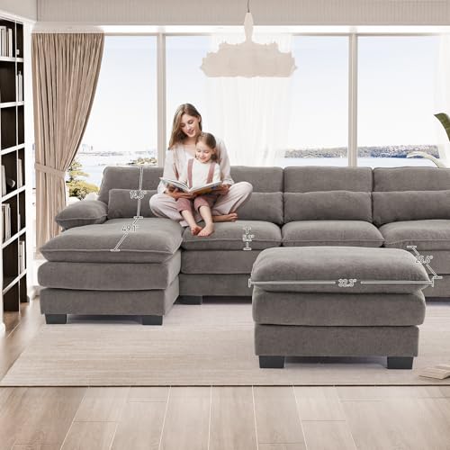 OUYESSIR 114" U-Shape Sectional Sofa with Ottoman & Pillows, Beige White K996625