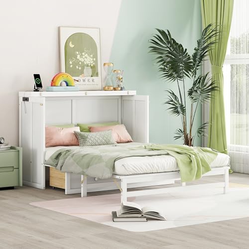 KEIKI Queen Size Murphy Bed with Charging Station and Drawer, Walnut B45816