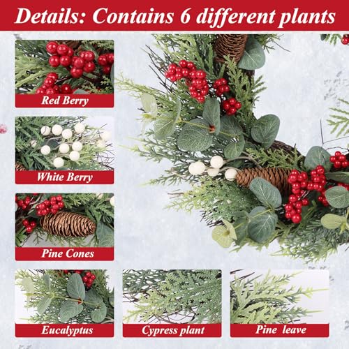 24 Inch Christmas Wreath with Red Ribbon and Pine Cones for Front Door D30392