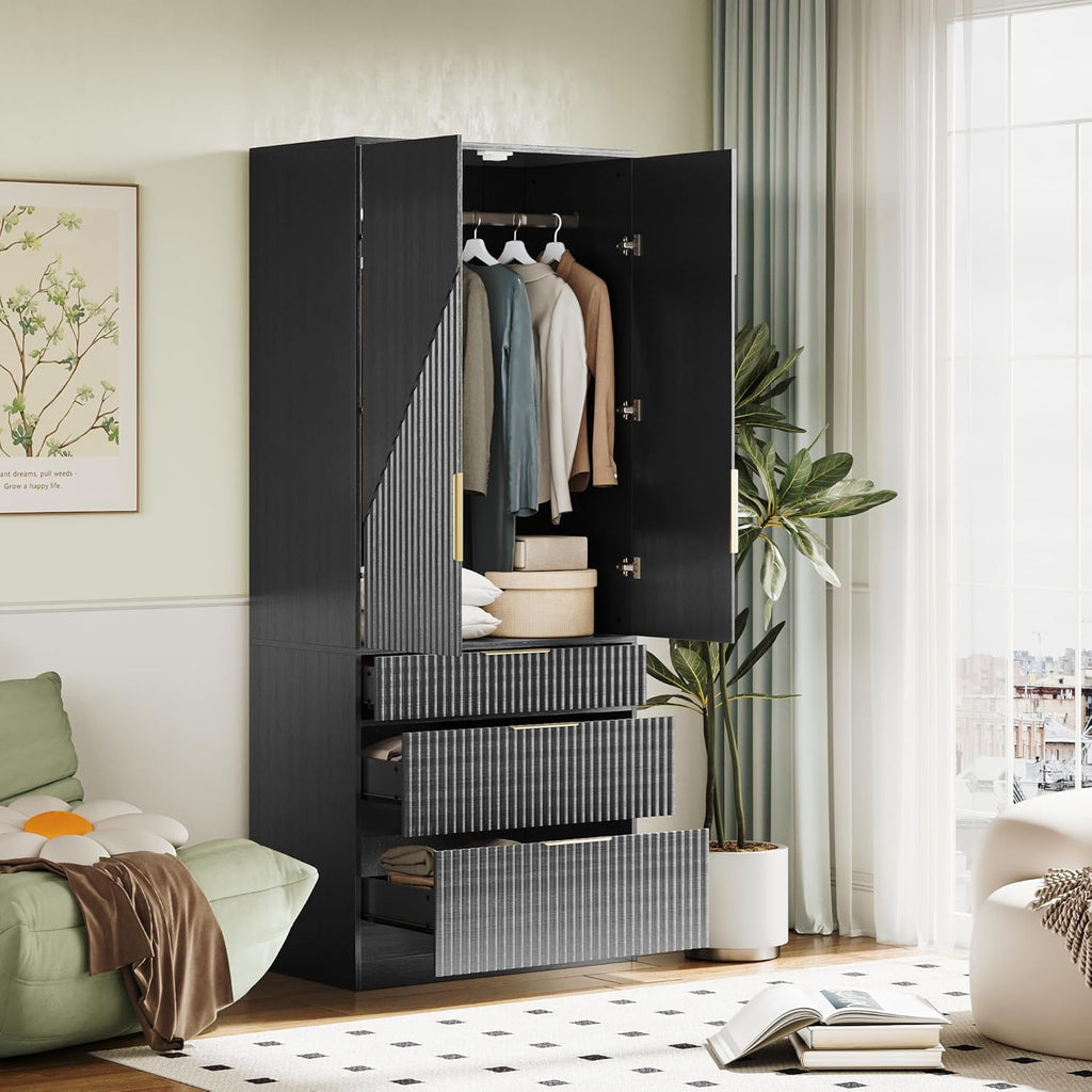 71.7" Wooden Wardrobe Armoire with 2 Doors and 3 Drawers, Black R48741