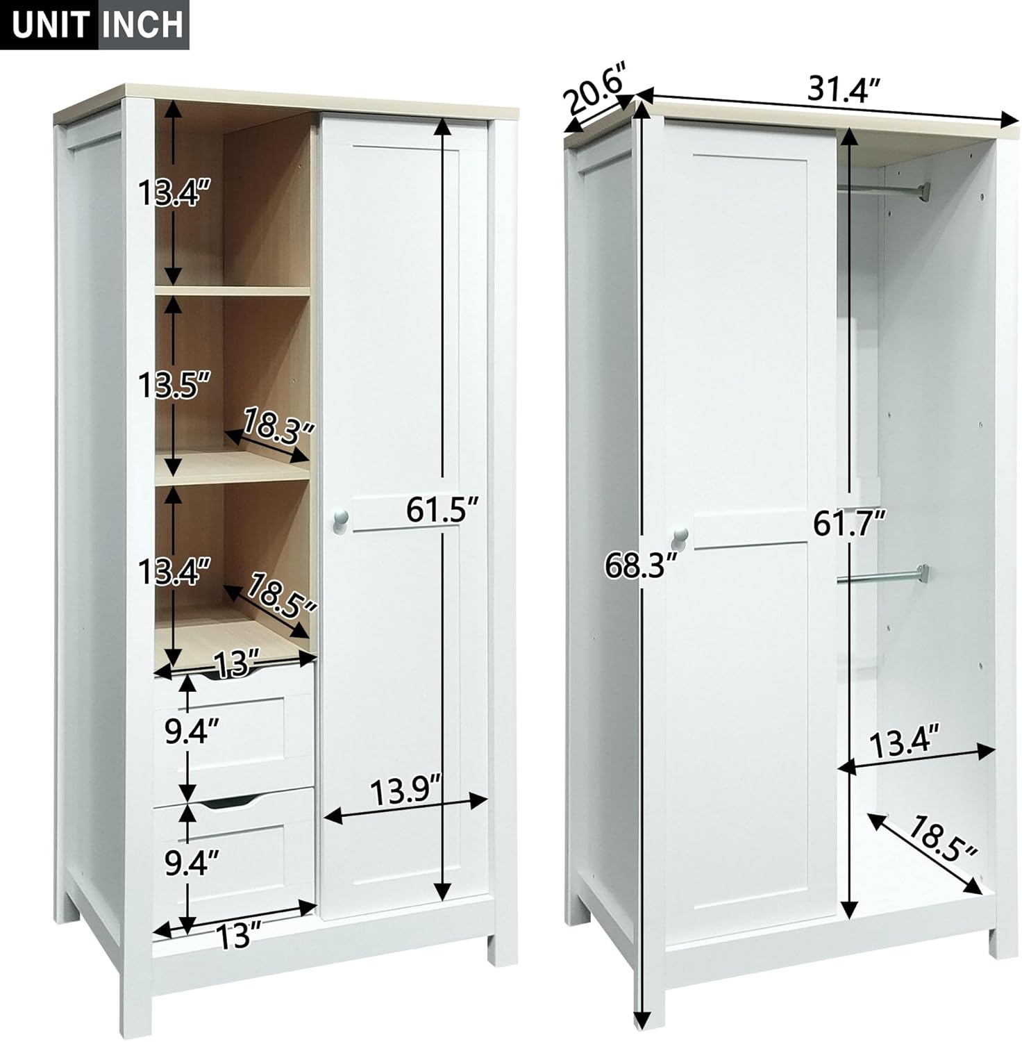 Armoire Wardrobe with Sliding Door and Drawers, White D1199