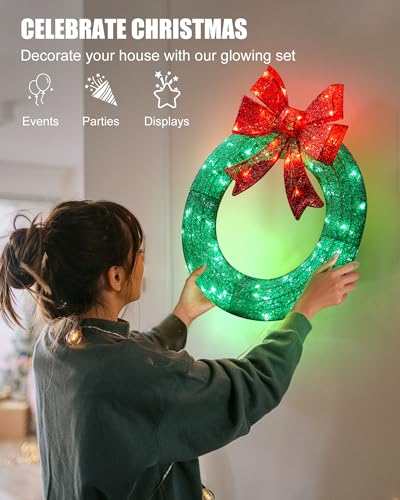 Brightown 24 Inch Pre-Lit Artificial Christmas Wreath with Pine Cones & Berries L37024