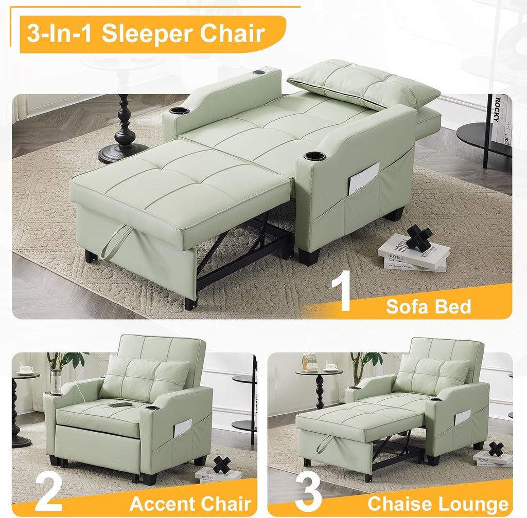 Karl home Sleeper Chair 3-in-1 Pull Out Sofa Bed with USB Ports, PU Leather Mint Green S3213