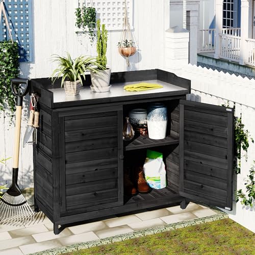 Merax 66" Outdoor Farmhouse Wooden Potting Bench Table with 2 Drawers and Cabinet, Brown U7933