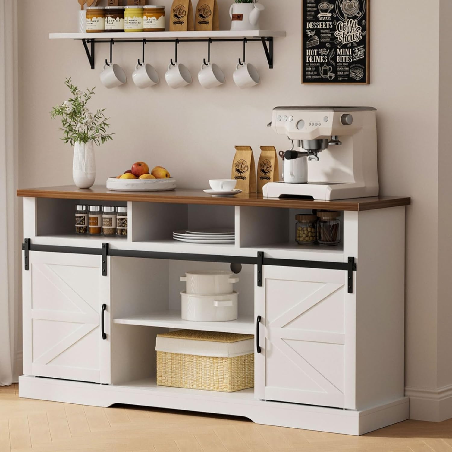 Farmhouse Coffee Bar Cabinet with Sliding Barn Door, White H579601