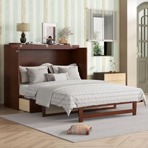 KEIKI Queen Size Murphy Bed with Charging Station and Drawer, Walnut B45816