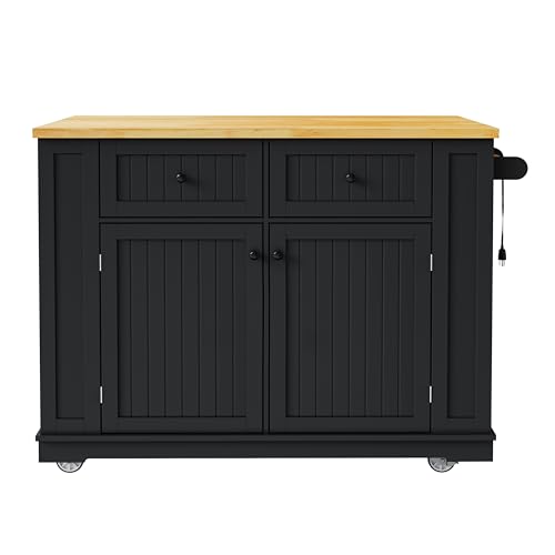 Ball & Cast 48" Kitchen Island with Power Outlet, Rolling Cart, Black H9509