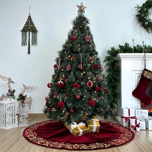 Burgundy Victorian Velvet Christmas Tree Skirt with Gold Damask Embroidery Q6345