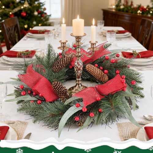 24 Inch Christmas Wreath with Red Ribbon and Pine Cones for Front Door D30392