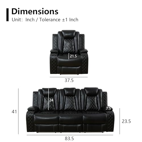 Power Black Leather Recliner Sofa Set with LED Light V6683