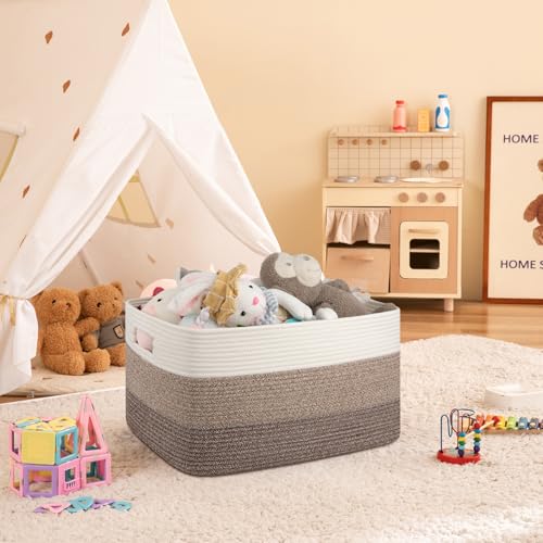 OIAHOMY Large Rectangle Woven Blanket Basket with Handle, Gradient Blue B58762