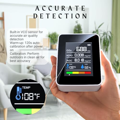 CO2 Detector Air Quality Monitor Indoor, 5-in-1 Formaldehyde/TVOC/Temperature/Humidity, Portable, Black E38424