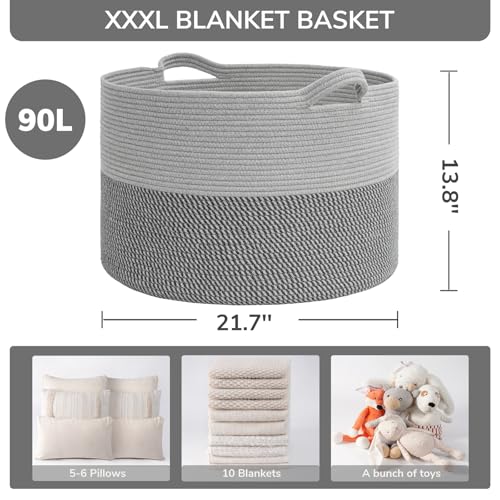 INDRESSME Large Cotton Rope Storage Basket with Handles, 90L Grey R37552