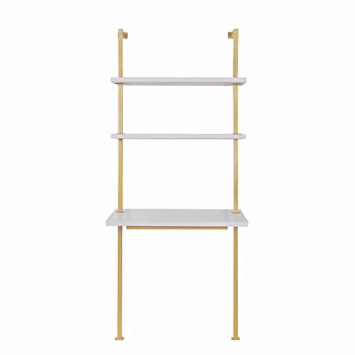 Nathan James Theo 2-Shelf Industrial Wall Mount Desk, White/Gold Brass S899841