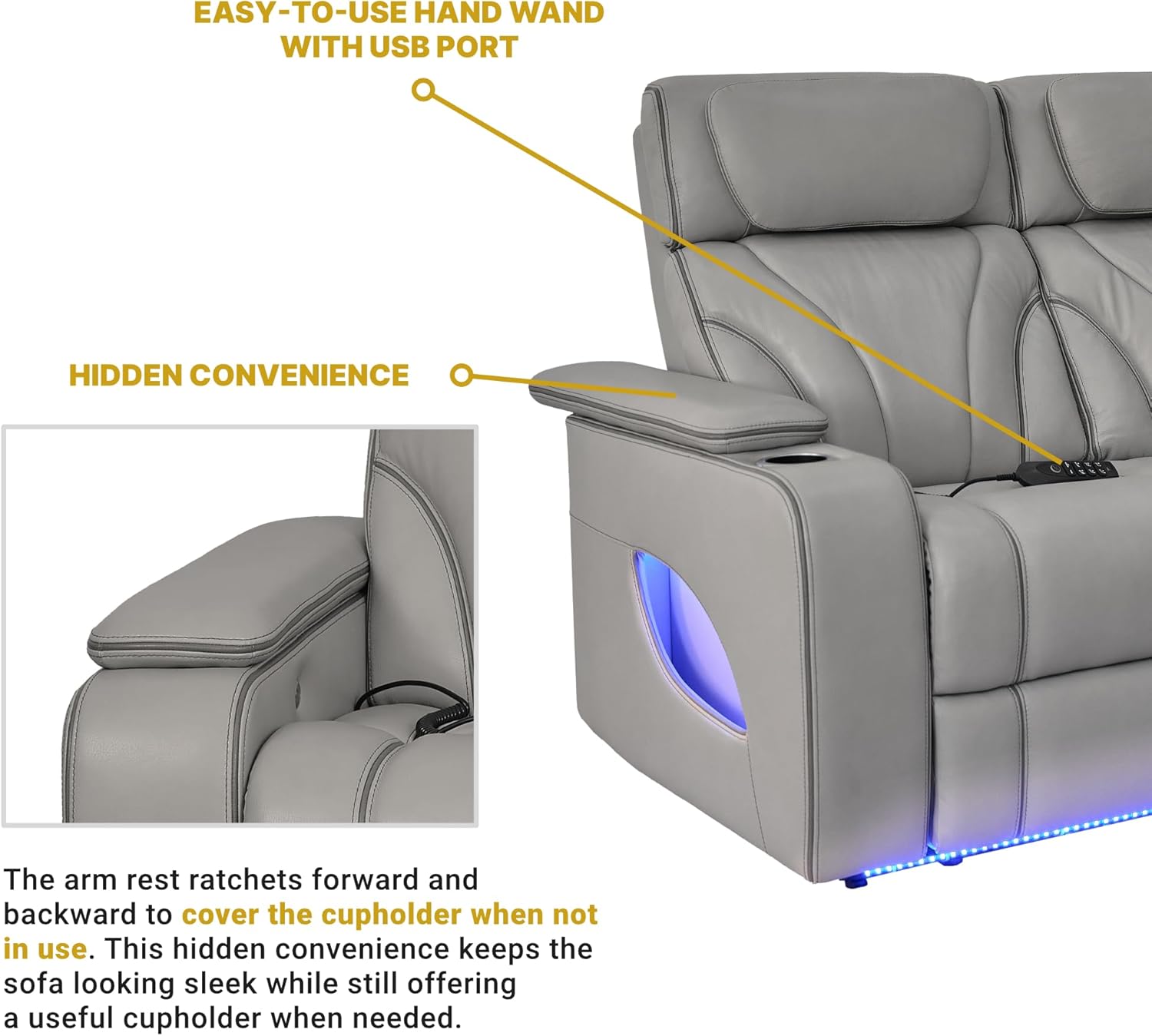 Armen Living Octavia Power Reclining Heated Massage Sofa, 86" Wide, Silver and Gray Leather M65396