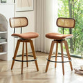 26" Rattan Bar Stools Set of 2, Linen Fabric Counter Height Swivel Barstools with Rattan Backrest and Wooden Legs,Armless Mid Century Modern Bar Chairs for Kitchen/Dining Room,Cafe Brown