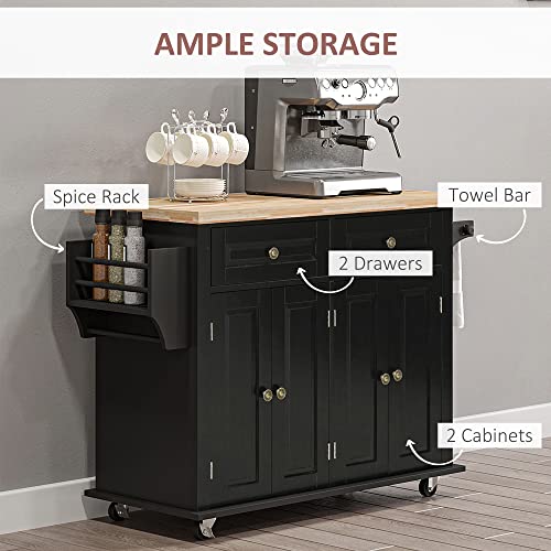 HOMCOM Kitchen Island on Wheels with Rubberwood Top, Navy Blue X7812