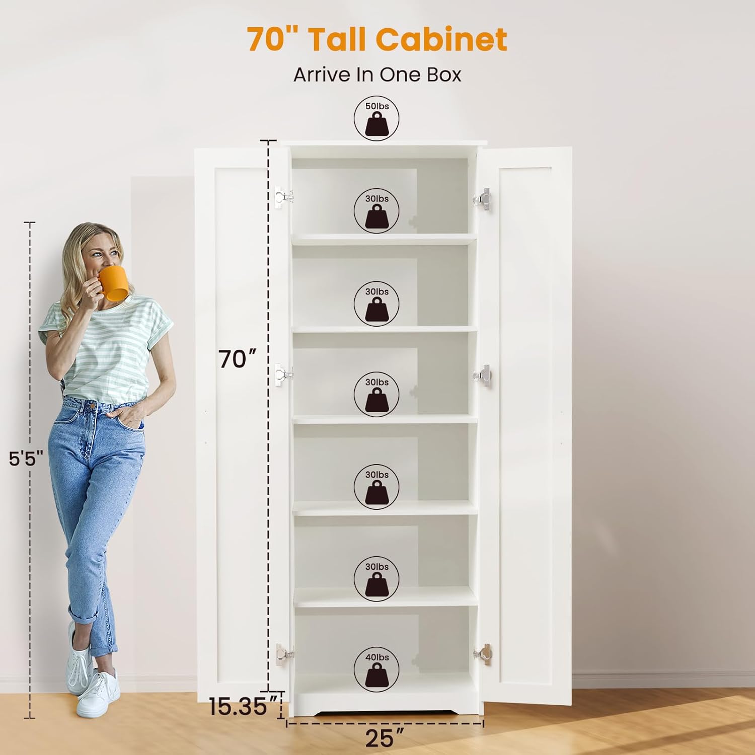 70" Tall Storage Pantry Cabinet with 2 Doors and 6 Shelves, White X599151