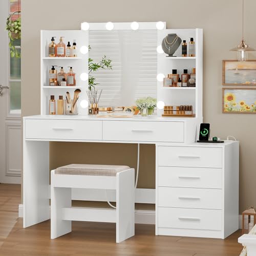 Quimoo Large Vanity Desk with LED Mirror & Power Outlet, White L335