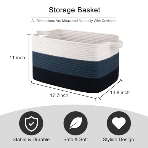 OIAHOMY Large Rectangle Woven Blanket Basket with Handle, Gradient Blue B58762