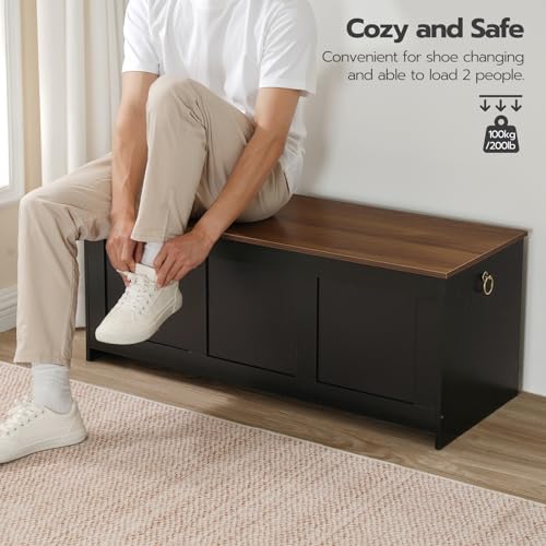 HOOBRO Storage Bench, 39.3" Retro Wooden Chest with Lift Top, White and Walnut C2921