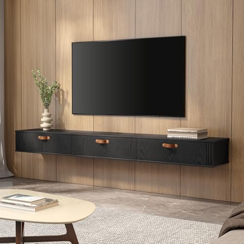 WAMPAT Floating TV Stand,Wall Mounted, Wood Media Console Entertainment Center with Cabinet, 70 inch floating tv shelf for Living Room, Bedroom,Black