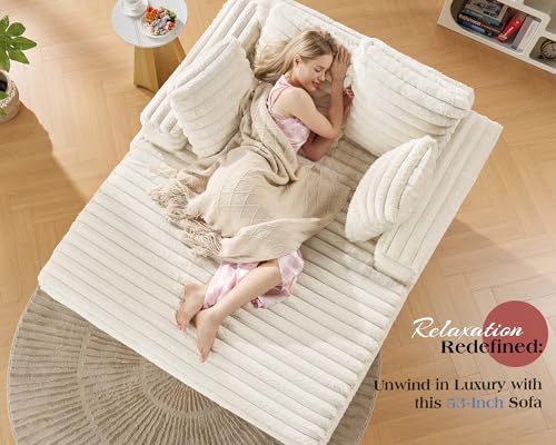 VanAcc 53 Inch Upholstered Chaise Lounge Sofa Bed with Throw Pillows, Off-White W119