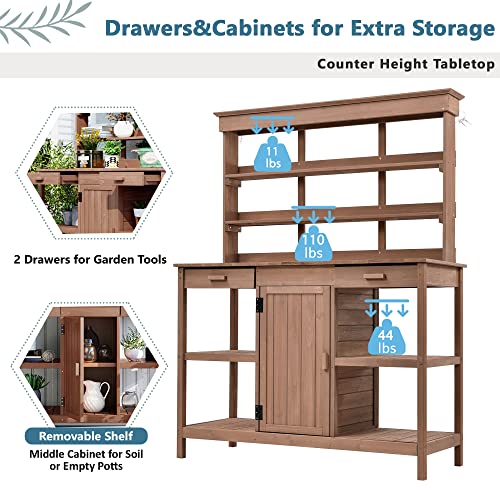 Merax 66" Outdoor Farmhouse Wooden Potting Bench Table with 2 Drawers and Cabinet, Brown U7933
