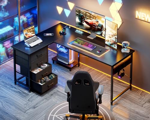 AODK L Shaped Gaming Desk with 4 Drawers, Power Outlets, Black P81263