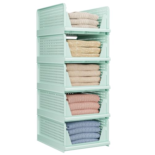 CTSNSLH 5 Pack Folding Closet Organizers Storage Box, Stackable Bins, White B5705