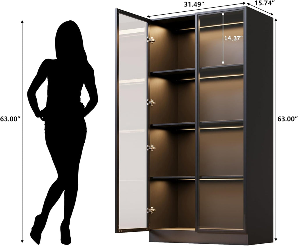 Black Display Cabinet with Glass Doors and Lights, 4-Tier C4875