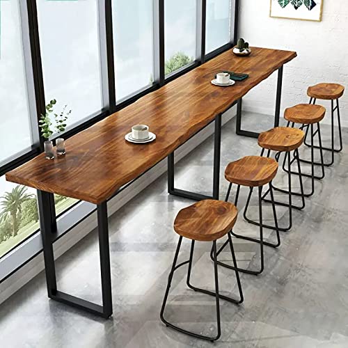 Industrial Bar Table,Solid Wood Bar Height Table Creative Live Edge Dining Table,Long Bar Table Rustic Tall Counter Height Table,Rectangular Narrow Bar Table(86.6" with 4 stools, Brown)