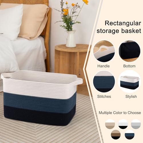 OIAHOMY Large Rectangle Woven Blanket Basket with Handle, Gradient Blue B58762
