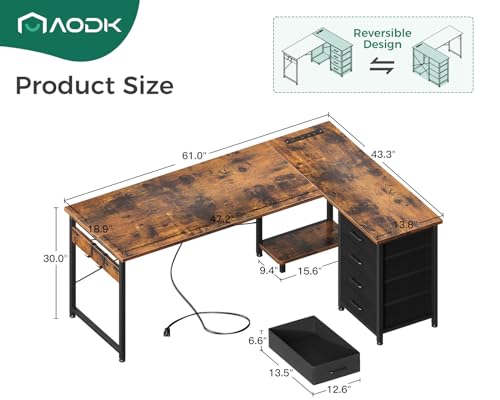 AODK L Shaped Gaming Desk with 4 Drawers, Power Outlets, Black P81263