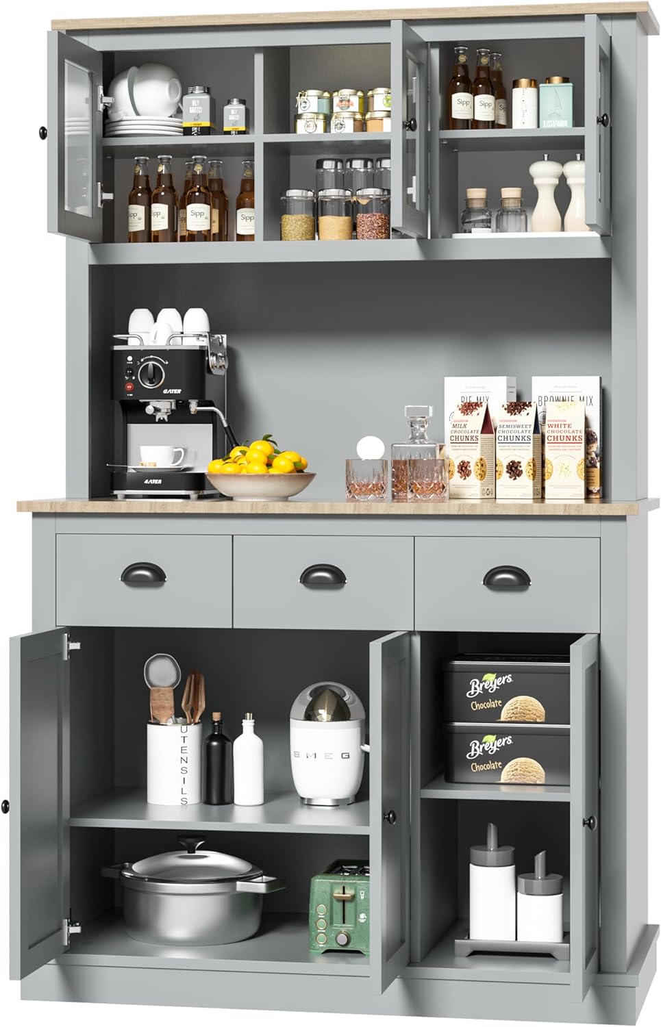 MU 71" Kitchen Hutch Storage Cabinet with Countertop, Grey P72649