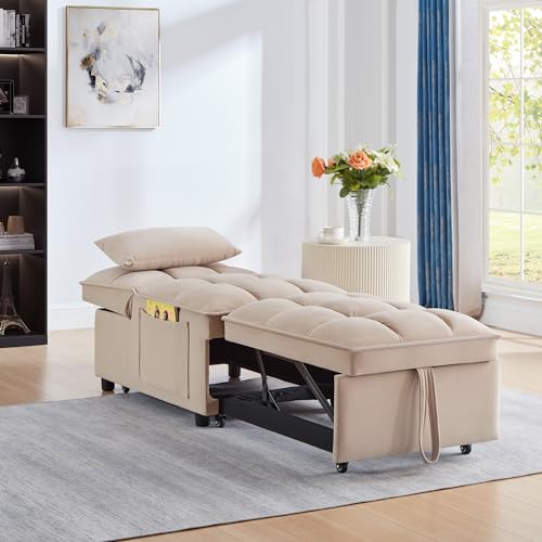 Sleeper Chair Bed 4-in-1 Folding Convertible Sofa with Adjustable Backrest, Velvet, Taupe Z8550